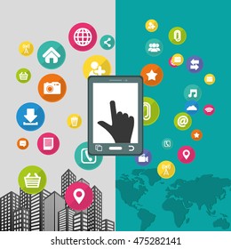 smartphone cursor map city mobile apps application online icon set. Colorful and flat design. Vector illustration