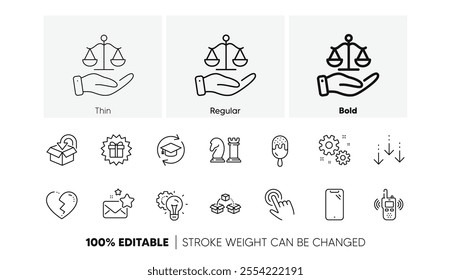 Smartphone, Cursor and Return package line icons. Pack of Transmitter, Work, Justice scales icon. Surprise gift, Parcel shipping, Continuing education pictogram. Idea gear, Favorite mail. Vector