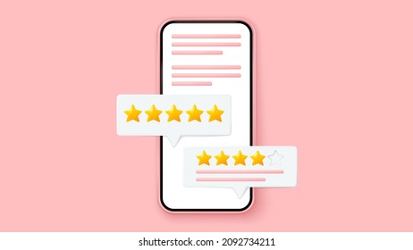 Smartphone with customer feedback. Stars customer review 3d vector. Website or application quality service client feedback. Speech bubble, text message, social media comment.