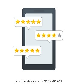 Smartphone with customer feedback. Stars customer review. Website or application quality service client feedback. Speech bubble, text message, social media comment.