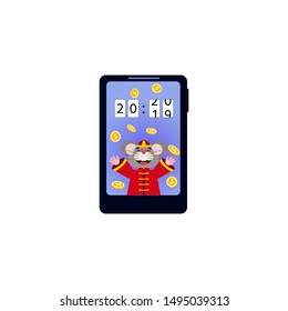 Smartphone with cute rat and loads of gold coins and New Year 2020 loading progress bar. Wealth concept. Vector Illustration can use for kids decor, print, card, sticker kit 