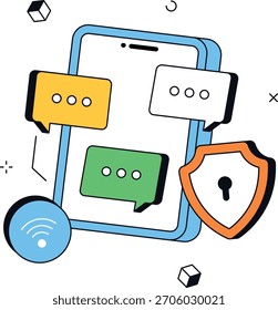 Seguridad cibernética para smartphones con burbujas de mensajes y protección de datos con un escudo. Asegura la comunicación móvil con cifrado. Ideal para temas de seguridad cibernética y protección de datos.