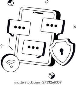 Smartphone cyber security with messaging app data protection isometric flat vector illustration