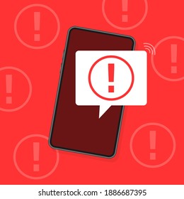 Smartphone with danger sign on screen on red background. Vector illustration.