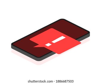 Smartphone with danger sign on screen on red background. Vector illustration.