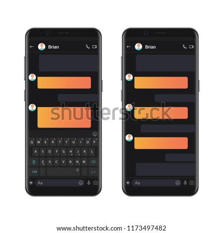 Smartphone dark style chatting template with empty chat bubbles. Vector sms chat mockup dialogues composer.