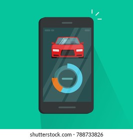 Smartphone dashboard with remote car diagnostic data vector illustration, flat cartoon style of mobile phone with smart automobile app, cellphone connected to auto control wireless technology