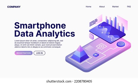 Smartphone Data Analytics. Data Analyse. Landing Page Template. Vector illustration