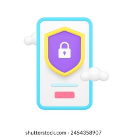 Smartphone de datos de almacenamiento en la nube de protección de software de App de acceso 3d icono Ilustración vectorial realista. Teléfono móvil Cuenta personal información de seguridad Identificación privacidad seguridad confidencial