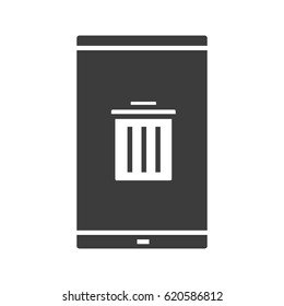 Smartphone data delete glyph icon. Silhouette symbol. Smart phone with trash. Negative space. Vector isolated illustration