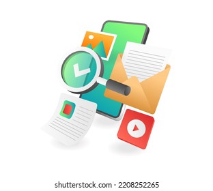Búsqueda por correo electrónico de datos de Smartphone en ilustración plana isométrica