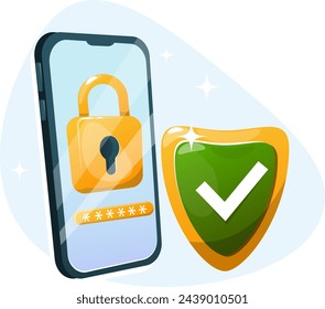 Smartphone data protection concept, Mobile phone with lock sign and password on the screen and shield sign