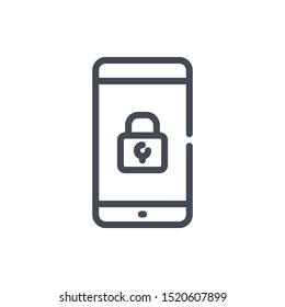 Smartphone data protection line icon. Mobile phone with lock on the screen vector outline sign.