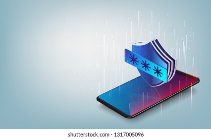 Smartphone data protection, smartphone with shield, data safety isometric vector icon