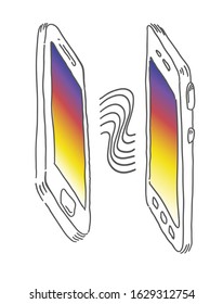 Smartphone data share mockup. Cellphone connection. Vector mobile device concept doodle set. 