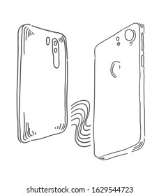 Smartphone data share mockup. Cellphone connection. Vector mobile device concept doodle set. 