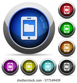 Smartphone data storage icons in round glossy buttons with steel frames