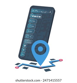 Smartphone with data of trip on map. App with route open on it. Travel time indicated on screen. GPS mobile navigation. Vector illustration on white background