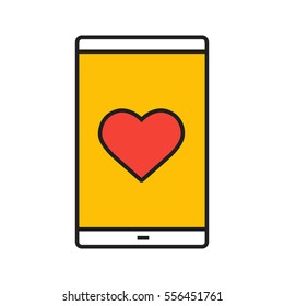 Smartphone dating app color icon. Smartphone with heart shape. Isolated vector illustration