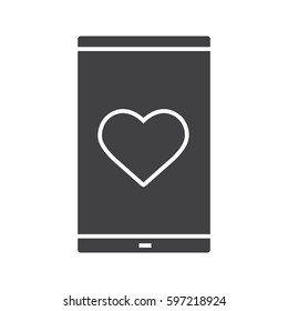 Smartphone dating app glyph icon. Silhouette symbol. Smart phone with heart shape. Negative space. Vector isolated illustration