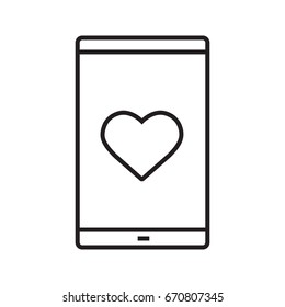 Smartphone dating app linear icon. Thin line illustration. Smart phone with heart shape contour symbol. Vector isolated outline drawing