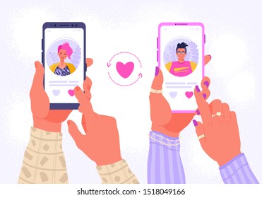 Smartphone with dating application that help people find love. Hands holding mobile with man and woman profile. Romance app, virtual relationship , communication, social media concept.