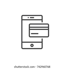Smartphone with debit card line icon, outline vector sign, linear style pictogram isolated on white. Online payment with mobile phone symbol, logo illustration. Editable stroke
