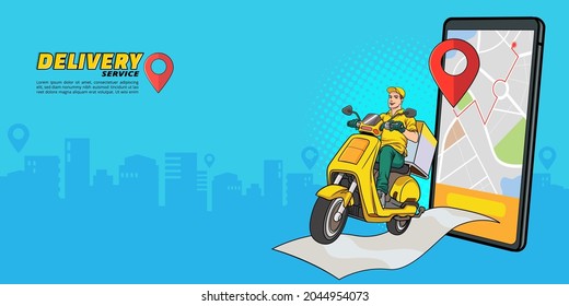 smartphone with delivery service by scooter with courier Pop Art Comic Style