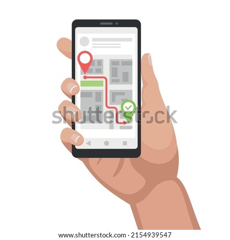 Smartphone with delivery tracking app. Navigating the app on your phone. Vector stock illustration.