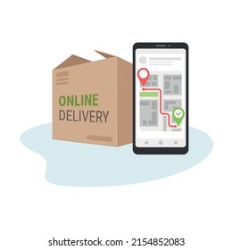 A smartphone with a delivery tracking application on the background of a cardboard box with a parcel. Vector stock illustration.