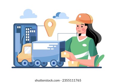 Smartphone with delivery truck, express delivery courier holding cardboard box.