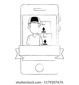 smartphone with delivery worker and boxes
