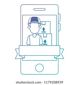 smartphone with delivery worker and boxes