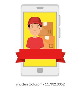 smartphone with delivery worker and boxes