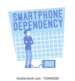 Smartphone dependency. Young man in mobile phone addiction, gadget linked anxiety and stress disorder symptoms, fight back fear. Vector lineart concept illustration