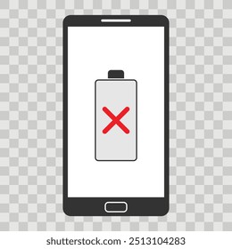 Smartphone with a depleted battery icon on the screen. Replace dead battery or low battery screen concept