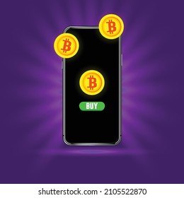 Diseño de Smartphone con transacción de bitcoin y fondo morado brillante