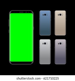 Smartphone design concept with different colors. Realistic vector illustration. Smart phone front and back view isolated on black background.