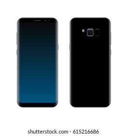 Smartphone design concept. Realistic vector illustration. Black smart phone front and back view isolated on white background.