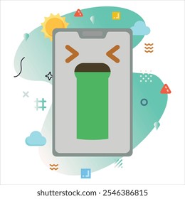 Smartphone Design with a Cute Emoji Expressing Puking, Featuring a Modern Background and Clean Minimalist Aesthetics | Puking Emoji Icon Design on Smartphone Screen