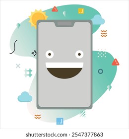 Smartphone-Design mit einem süßen Emoji Ausdruck Grinsen, mit einem modernen Hintergrund und saubere minimalistische Ästhetik | Grinning Emoji Icon Design auf Smartphone-Bildschirm