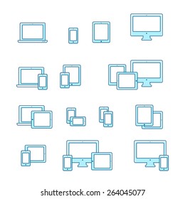 Smartphone, desktop computer, laptop and tablet PC icons and combinations. Outline flat vector responsive web design icons.