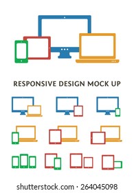 Smartphone, desktop computer, laptop and tablet PC icons and combinations. Flat vector responsive web design icons. isolated on white background
