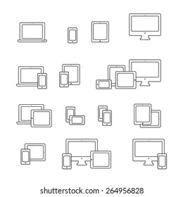 Smartphone, desktop computer, laptop and tablet PC icons and combinations. Linear flat vector responsive web design icons.