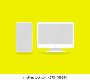 El smartphone y la maqueta de la computadora de escritorio. Concepto de dispositivo de comunicación. Ilustración del vector
