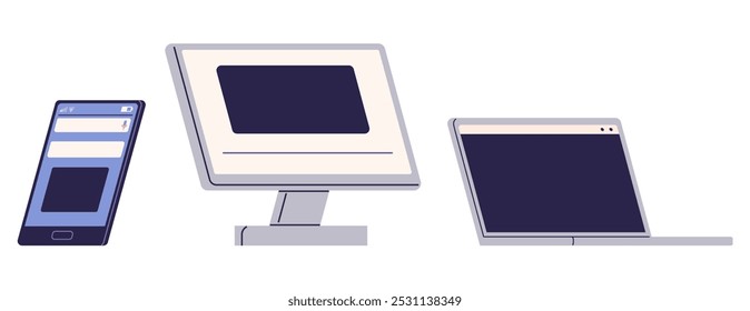 Um smartphone, desktop e notebook são exibidos lado a lado, destacando diferentes dispositivos digitais. Ideal para temas tecnológicos, comunicação digital, desenvolvimento de software, web design e modernos