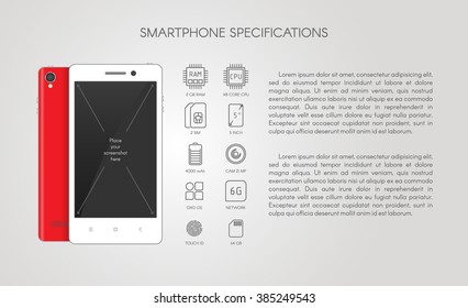 Smartphone detailed specification with flat line icons and text. Gadget description.