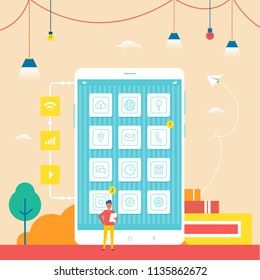 Smartphone development banner with huge device and small man who stands hear wide touch screen that display icons cartoon flat vector illustration.