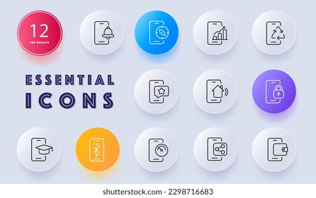Smartphone device with blank screen. Modern mobile phone concept. Neomorphism style. Vector line icon for Business