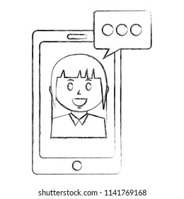 smartphone device with businesswoman and speech bubble